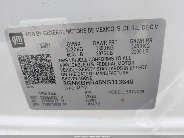 44782753 :رقم المزاد ، 3GNKBHR45NS113649 vin ، 2022 Chevrolet Blazer Awd 2lt مزاد بيع