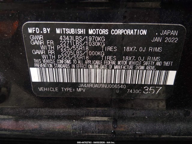JA4ARUAU9NU006540 Mitsubishi Outlander Sport 2.0 Be Awc/2.0 Es Awc/2.0 Le Awc/2.0 Se Awc/2.0 Se Special Edition Awc