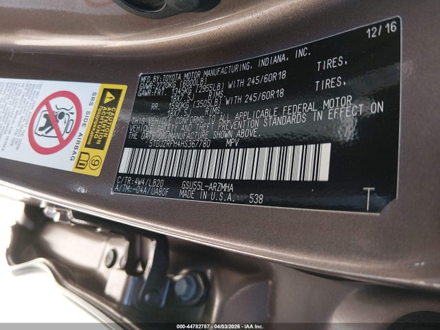 44782787 :رقم المزاد ، 5TDJZRFH4HS367780 vin ، 2017 Toyota Highlander Xle مزاد بيع