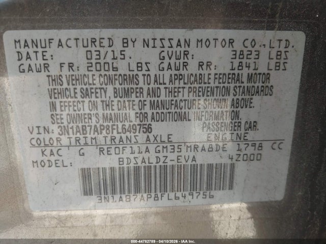 44782789 :رقم المزاد ، 3N1AB7AP8FL649756 vin ، 2015 Nissan Sentra Sv مزاد بيع
