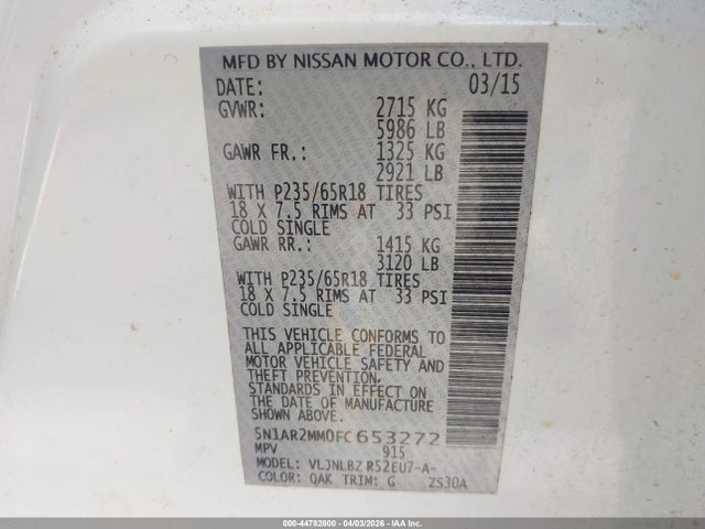 44782800 :رقم المزاد ، 5N1AR2MM0FC653272 vin ، 2015 Nissan Pathfinder Platinum/s/sl/sv مزاد بيع