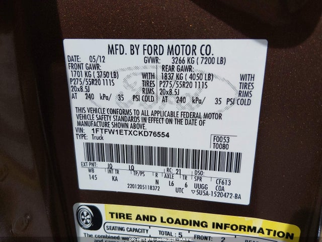 Aukcja sprzedaży 2012 Ford F-150 King Ranch, vin: 1FTFW1ETXCKD76554, numer aukcji: 44782818