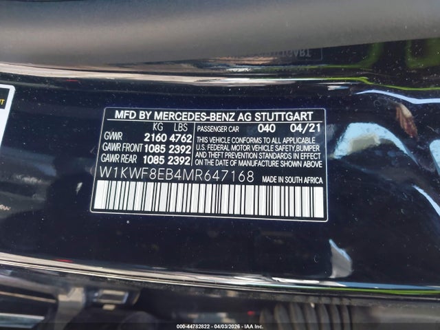 Продаж на аукціоні авто 2021 Mercedes-benz C 300 4matic, vin: W1KWF8EB4MR647168, номер лоту: 44782822