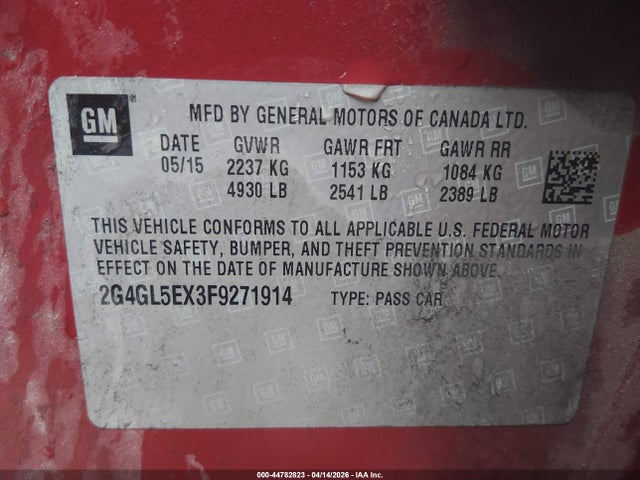 Продажа на аукционе авто 2015 Buick Regal Turbo, vin: 2G4GL5EX3F9271914, номер лота: 44782823
