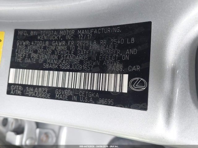 Продаж на аукціоні авто 2018 Lexus Es 350, vin: 58ABK1GG8JU091657, номер лоту: 44782828