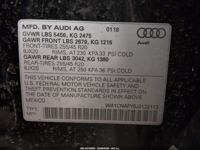Продаж на аукціоні авто 2018 Audi Q5 2.0t Premium/2.0t Tech Premium, vin: WA1CNAFY5J2122113, номер лоту: 44782850
