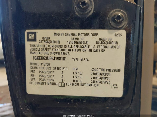 44782863 :رقم المزاد ، 1GKEK63U95J198181 vin ، 2005 Gmc Yukon Denali مزاد بيع