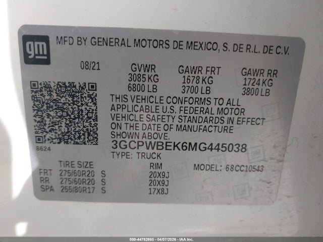 Продаж на аукціоні авто 2021 Chevrolet Silverado 1500 2wd  Short Bed Custom, vin: 3GCPWBEK6MG445038, номер лоту: 44782865