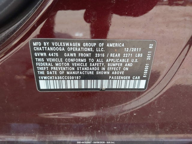 Продажа на аукционе авто 2012 Volkswagen Passat 2.5l Sel, vin: 1VWCH7A35CC039187, номер лота: 44782887