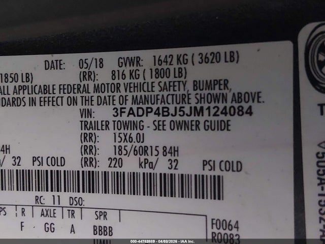 44782889 :رقم المزاد ، 3FADP4BJ5JM124084 vin ، 2018 Ford Fiesta Se مزاد بيع