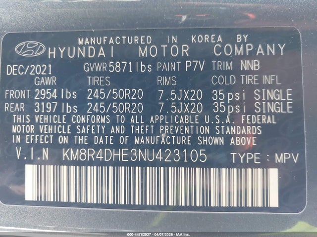 Продажа на аукционе авто 2022 Hyundai Palisade Sel, vin: KM8R4DHE3NU423105, номер лота: 44782927