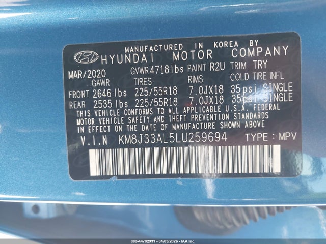 Aukcja sprzedaży 2020 Hyundai Tucson Sel, vin: KM8J33AL5LU259694, numer aukcji: 44782931