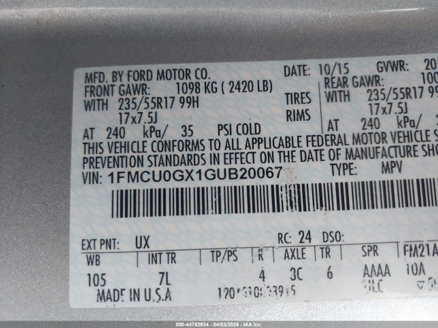 2016 Ford Escape Se მანქანა იყიდება აუქციონზე, vin: 1FMCU0GX1GUB20067, აუქციონის ნომერი: 44782934