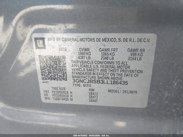 44782952 :رقم المزاد ، 3GNCJRSB3LL186435 vin ، 2020 Chevrolet Trax Awd Premier مزاد بيع