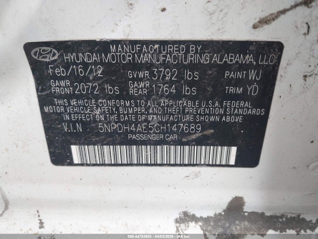 Aukcja sprzedaży 2012 Hyundai Elantra Gls, vin: 5NPDH4AE5CH147689, numer aukcji: 44782955