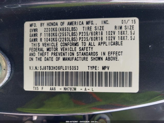 44782967 :رقم المزاد ، 5J8TB3H36FL015053 vin ، 2015 Acura Rdx مزاد بيع