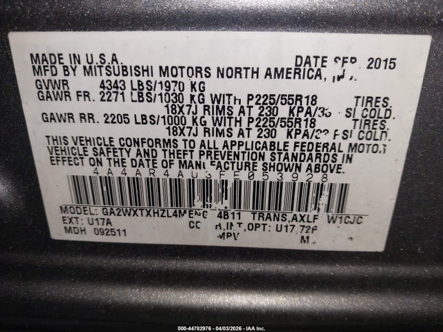 Aukcja sprzedaży 2015 Mitsubishi Outlander Sport Se, vin: 4A4AR4AU3FE053928, numer aukcji: 44782976