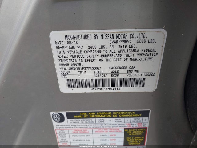 2007 Infiniti M35x მანქანა იყიდება აუქციონზე, vin: JNKAY01F37M453921, აუქციონის ნომერი: 44782988