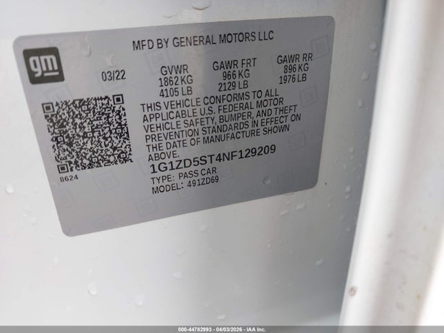 Aukcja sprzedaży 2022 Chevrolet Malibu Fwd Lt, vin: 1G1ZD5ST4NF129209, numer aukcji: 44782993