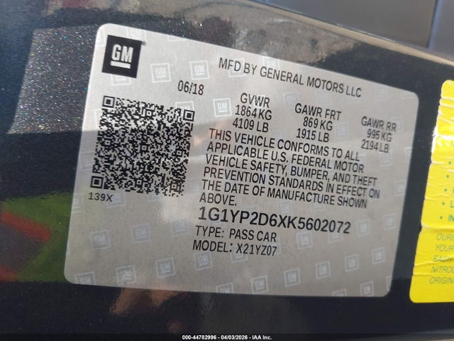 Aukcja sprzedaży 2019 Chevrolet Corvette Z06, vin: 1G1YP2D6XK5602072, numer aukcji: 44782996
