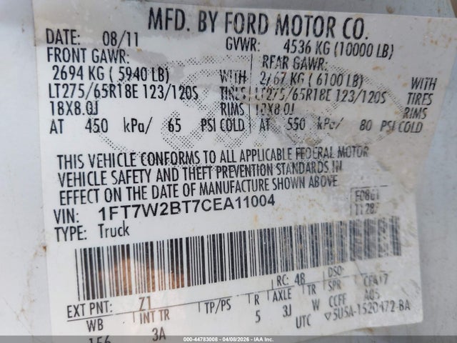 44783008 :رقم المزاد ، 1FT7W2BT7CEA11004 vin ، 2012 Ford F-250 Xlt مزاد بيع