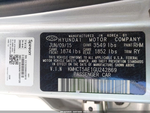 Продаж на аукціоні авто 2016 Hyundai Accent Se, vin: KMHCT5AE1GU242869, номер лоту: 44783025