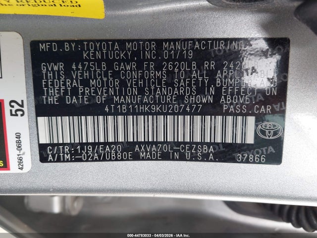 2019 Toyota Camry Se მანქანა იყიდება აუქციონზე, vin: 4T1B11HK9KU207477, აუქციონის ნომერი: 44783033