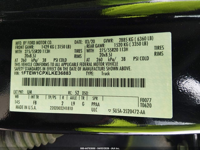 Aukcja sprzedaży 2020 Ford F-150 Xlt, vin: 1FTEW1CPXLKE36883, numer aukcji: 44783088