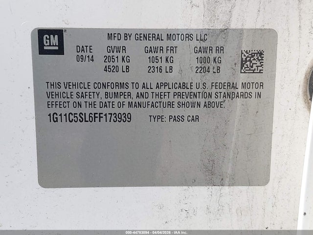 Продажа на аукционе авто 2015 Chevrolet Malibu 1lt, vin: 1G11C5SL6FF173939, номер лота: 44783094
