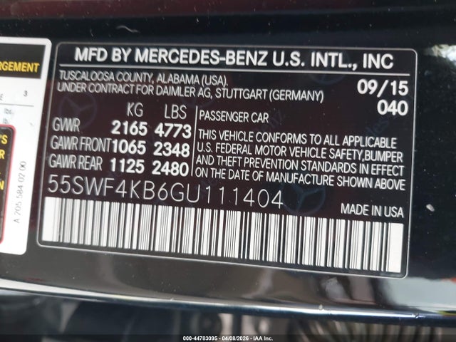 Aukcja sprzedaży 2016 Mercedes-benz C 300 4matic, vin: 55SWF4KB6GU111404, numer aukcji: 44783095