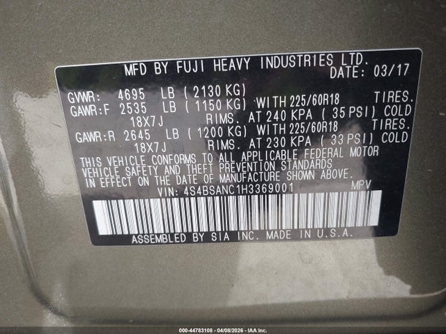 2017 Subaru Outback 2.5i Limited მანქანა იყიდება აუქციონზე, vin: 4S4BSANC1H3369001, აუქციონის ნომერი: 44783108