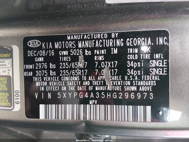 Aukcja sprzedaży 2017 Kia Sorento 2.4l Lx, vin: 5XYPG4A35HG296973, numer aukcji: 44783111