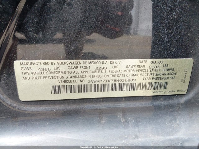 Aukcja sprzedaży 2008 Volkswagen Jetta Se, vin: 3VWRM71K78M036889, numer aukcji: 44783112