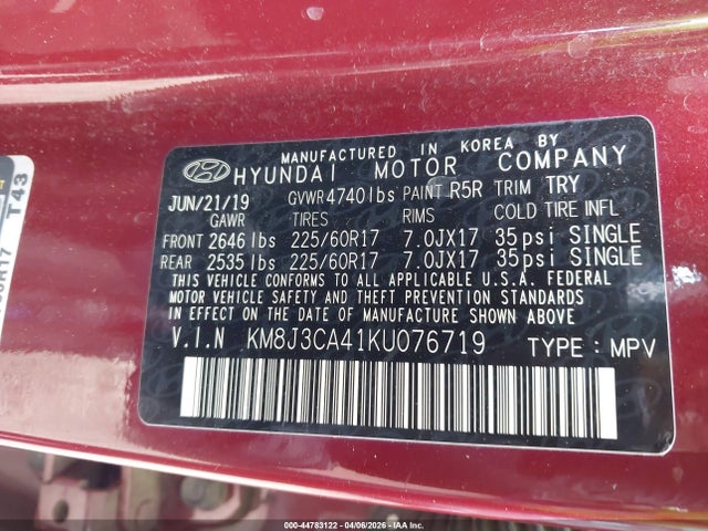 44783122 :رقم المزاد ، KM8J3CA41KU076719 vin ، 2019 Hyundai Tucson Value مزاد بيع