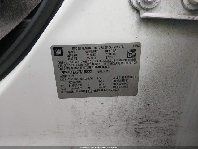 Aukcja sprzedaży 2015 Gmc Terrain Slt-2, vin: 2GKALTEK9F6106832, numer aukcji: 44783129
