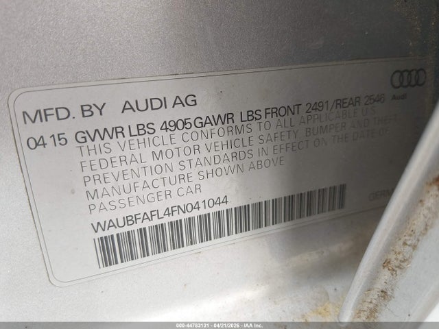 2015 Audi A4 2.0t Premium მანქანა იყიდება აუქციონზე, vin: WAUBFAFL4FN041044, აუქციონის ნომერი: 44783131