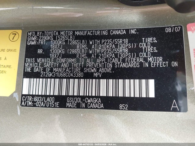 44783133 :رقم المزاد ، 2T2GK31U68C043380 vin ، 2008 Lexus Rx 350 مزاد بيع