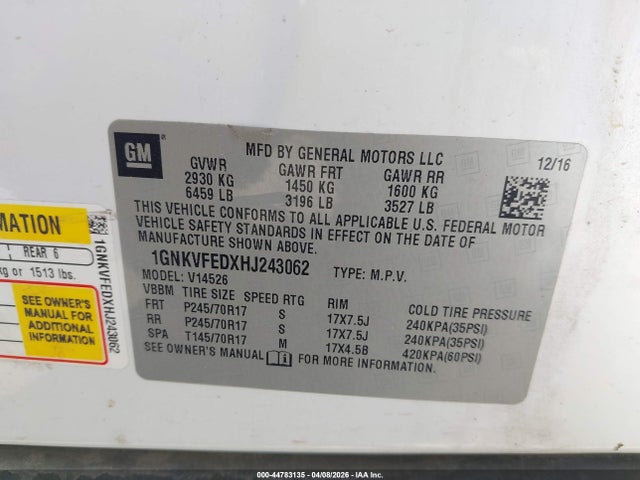 Aukcja sprzedaży 2017 Chevrolet Traverse Ls, vin: 1GNKVFEDXHJ243062, numer aukcji: 44783135