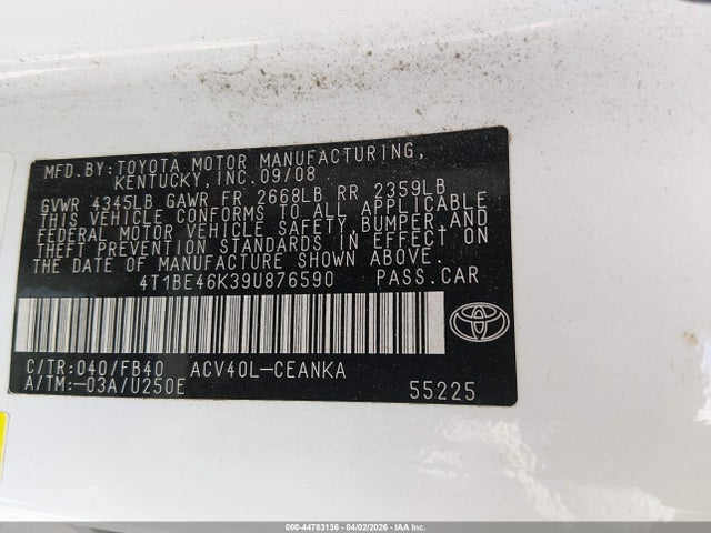 44783136 :رقم المزاد ، 4T1BE46K39U876590 vin ، 2009 Toyota Camry Le مزاد بيع