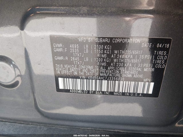 2018 Subaru Outback 2.5i Premium მანქანა იყიდება აუქციონზე, vin: 4S4BSAHC7J3356030, აუქციონის ნომერი: 44783142
