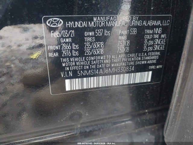 Aukcja sprzedaży 2021 Hyundai Santa Fe Se, vin: 5NMS14AJ6MH330834, numer aukcji: 44783143