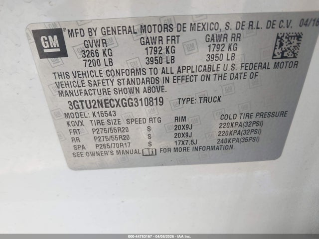 Продажа на аукционе авто 2016 Gmc Sierra 1500 Slt, vin: 3GTU2NECXGG310819, номер лота: 44783167