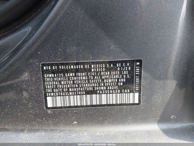 Aukcja sprzedaży 2020 Volkswagen Jetta, vin: 3VWCB7BU3LM027496, numer aukcji: 44783170