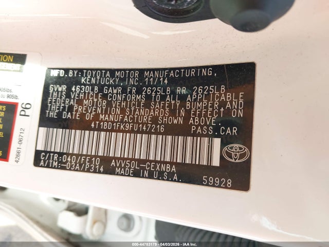 44783179 :رقم المزاد ، 4T1BD1FK9FU147216 vin ، 2015 Toyota Camry Hybrid Le مزاد بيع