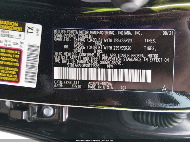44783198 :رقم المزاد ، 5TDFARAHXMS011686 vin ، 2021 Toyota Highlander Hybrid Platinum مزاد بيع