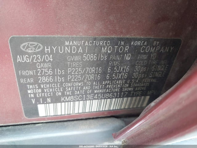 Aukcja sprzedaży 2005 Hyundai Santa Fe Gls/lx, vin: KM8SC13E45U863117, numer aukcji: 44783200