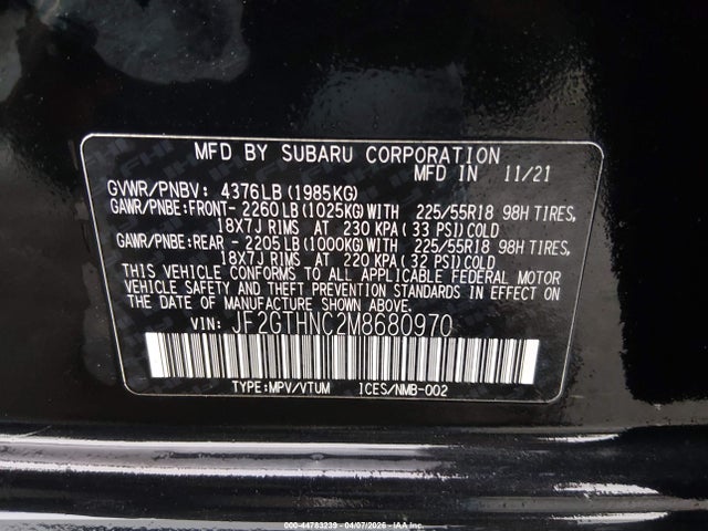 2021 Subaru Crosstrek Limited მანქანა იყიდება აუქციონზე, vin: JF2GTHNC2M8680970, აუქციონის ნომერი: 44783239