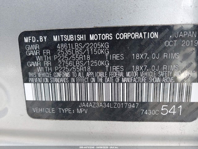44783248 :رقم المزاد ، JA4AZ3A34LZ017947 vin ، 2020 Mitsubishi Outlander Sel 2.4 S-awc مزاد بيع