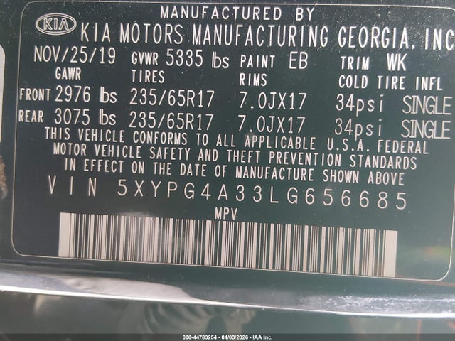 Auction sale of the 2020 Kia Sorento 2.4l L, vin: 5XYPG4A33LG656685, lot number: 44783254