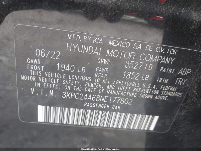 Aukcja sprzedaży 2022 Hyundai Accent Sel, vin: 3KPC24A68NE177802, numer aukcji: 44783259